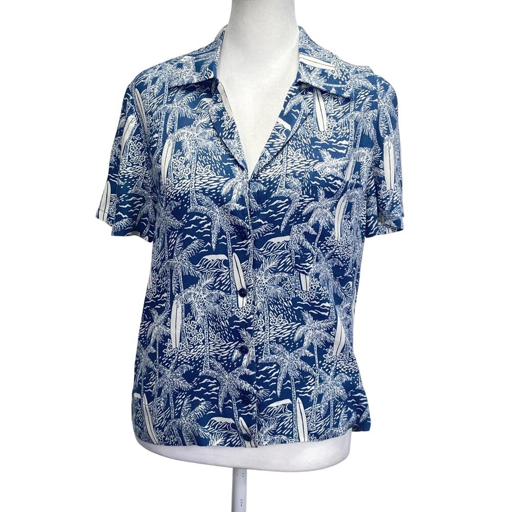 Reformation Blue and White Short Sleeve Button-Down Shirt